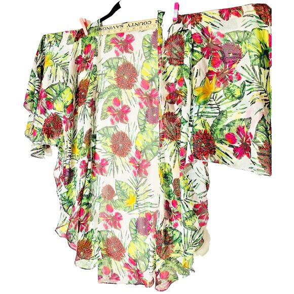Steve Madden Floral Beachy Kimono Swim Layer One Sz Chiffon Sheer Open Oversized - Picture 4 of 9